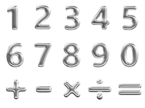 Y2K liquid chrome numbers font from 0 to 9. Silver inflated balloons isolated 3d render icon set. Plus, minus, multiply, divide, equal - metal typography glossy math operation symbols