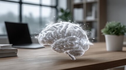 Brain model on wooden desk surrounded by futuristic ai-driven organization roadmap concepts and iconography