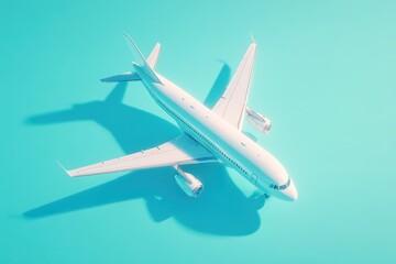 Fototapeta premium Modern white passenger airplane with a shadow against a vibrant turquoise background.