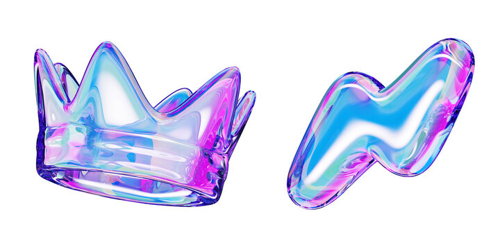 Crystal holographic y2k crown and lightning bolt icon with bright neon gradient isolated on black background. Render 3d set of liquid glass abstract shapes in retro futuristic style