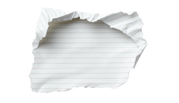 Torn lined paper scrap with jagged edges on black background