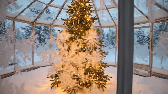 A beautifully decorated Christmas tree with warm glowing lights stands inside a glass igloo filled with snow, offering a magical view of the winter forest