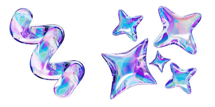Holographic y2k crystal stars and spiral line. Liquid glass inflatable 3d shapes with bright neon gradient isolated on black background. Iridescent abstract geometric elements render