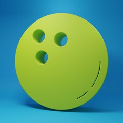 Green Bowling ball icon isolated on blue background. Sport equipment. Minimalism concept. 3D render illustration