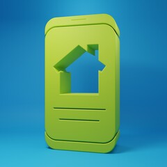 Green Online real estate house on smartphone icon isolated on blue background. Home loan concept, rent, buy, buying a property. Minimalism concept. 3D render illustration