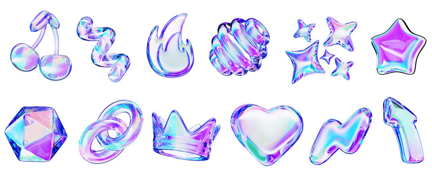 3d glass holographic y2k abstract shape set - heart, flame, stars, cherry, lightning, crown, chain, arrow, polygon, spiral line, sphere with neon gradient isolated on black background