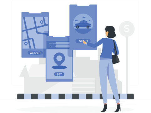 Woman using smartphone app for taxi booking with map and car interface vector illustration