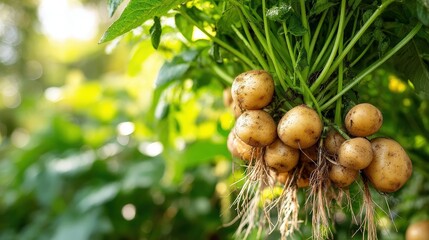 A bright close-up of a bunch of freshly picked new potatoes with soil and roots, hanging in the sunlight