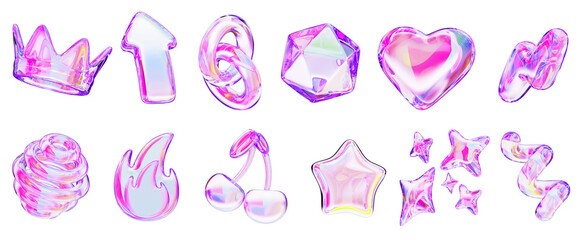 3d crystal glass hologram y2k shape set - pink and purple neon gradient heart, stars, fire, lightning, crown, cherry, chain, arrow, polygon, spiral line and sphere on black background