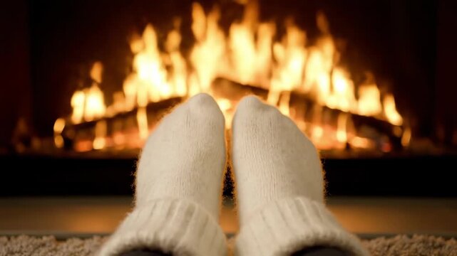 Warmth fills the room as soft socks rest near a flickering fireplace. The crackling fire casts a gentle glow, creating a serene and inviting atmosphere on a chilly evening.