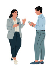 Business casual people checking smartphones. Minimalist modern style with clean lines, solid. Vector illustration isolated on transparent background