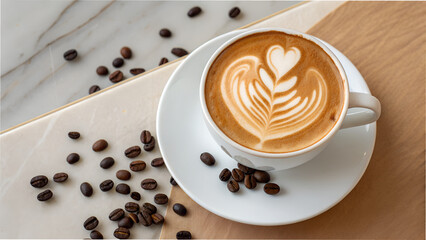 Morning bliss features beautiful latte art in a white cup, ready for a cozy cafe scene or a coffee lover's delight, perfect for social media posts