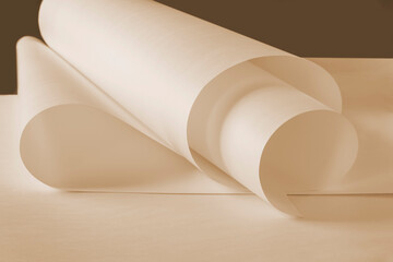 Long sheets of paper from a roll in a warm ochre tone.