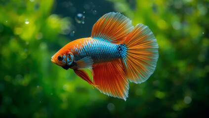 Dazzling Blue and Orange Goldfish in Lush Aquatic Setting