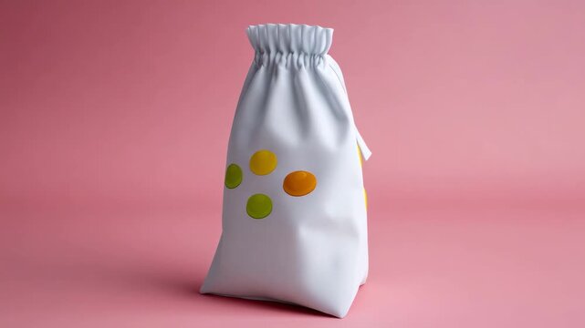 White drawstring bag with colorful polka dot design, soft fabric storage or gift pouch, standing on pink background, minimal modern packaging, cheerful playful mood, suitable for gift or snack