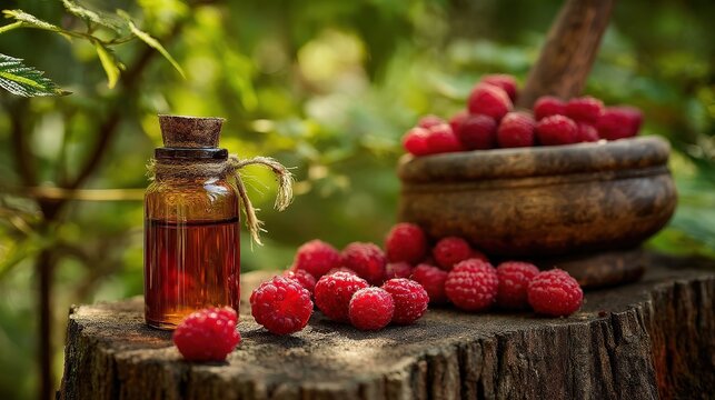 Natural raspberry oil or essence: bottle, fresh berries, and mortar on a stump