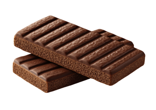 Two ribbed, rectangular chocolate wafers stacked diagonally