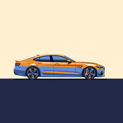 Fototapeta premium Dynamic modern sedan in vibrant blue and orange, showcasing sleek automotive design and luxury performance for advertising and branding.