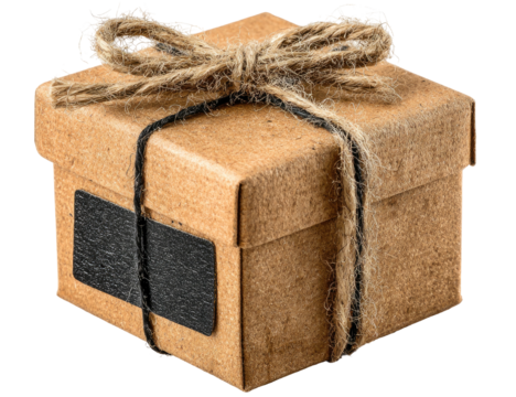 Small cardboard box tied with twine, blank black label