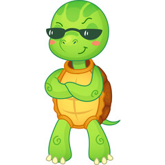Cool Green Cartoon Turtle Character Wearing Sunglasses And Orange Collar Standing Confidently With Arms Crossed Against A Transparent Background