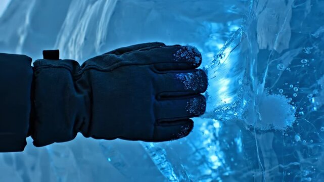 A hand in a warm glove meets the stunning blue ice, revealing intricate patterns and bubbles. The mesmerizing colors create a unique visual experience in a chilly world.