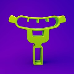 Obraz premium Green Sausage on the fork icon isolated on purple-blue background. Grilled sausage and aroma sign. Minimalism concept. 3D render illustration