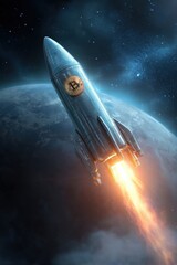 Futuristic Rocket with Bitcoin Symbol Flying Through Space Past a Planet