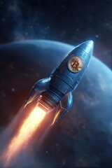 Futuristic Rocket with Bitcoin Symbol Flying Through Space Past a Planet