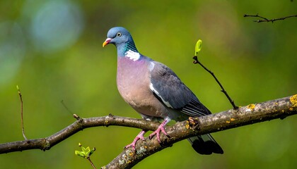 European Wood Pigeon Perched on Branch with Green Bokeh Background