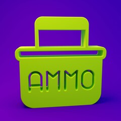 Green Military ammunition box with some ammo bullets icon isolated on purple-blue background. Minimalism concept. 3D render illustration