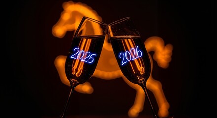 Two champagne glasses clinking with numbers 2025 and 2026, symbolizing trnsition of years. Blurred red Fire Horse on background as symbol of 2026 year. Dramatic light, banner for parties and events