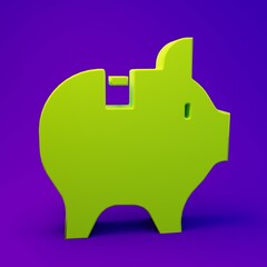 Green Piggy bank icon isolated on purple-blue background. Icon saving or accumulation of money, investment. Minimalism concept. 3D render illustration