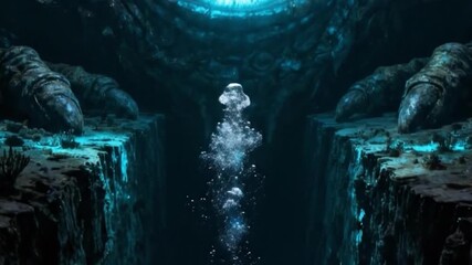 A diver is suspended in deep ocean waters surrounded by dark rock walls and glowing blue light near a massive ancient clawed structure that hints at a mysterious presence