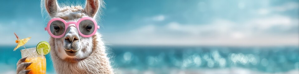 Obraz premium Llama in pink sunglasses with a tropical cocktail on the beach: summer vacation
