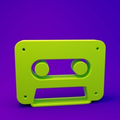 Green Retro audio cassette tape icon isolated on purple-blue background. Minimalism concept. 3D render illustration