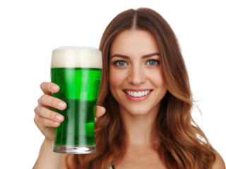 Woman with green beer isolated on transparent or white background, png