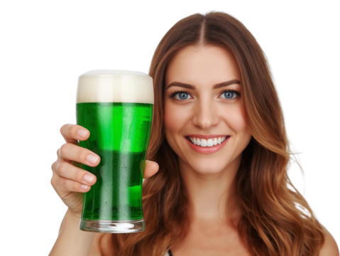 Woman with green beer isolated on transparent or white background, png