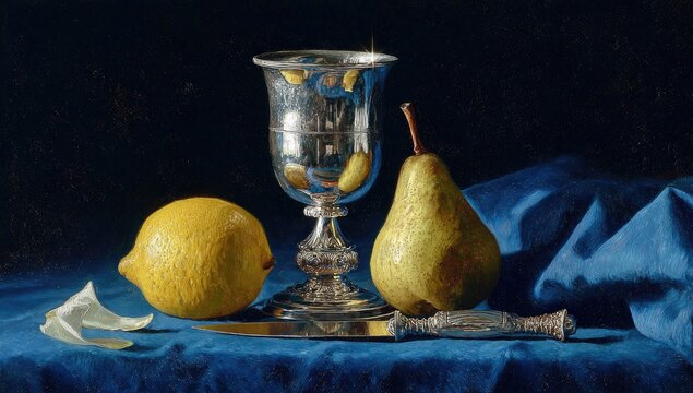 Still life glass, pear, lemon, knife on blue cloth