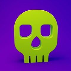 Green Skull icon isolated on purple-blue background. Happy Halloween party. Minimalism concept. 3D render illustration