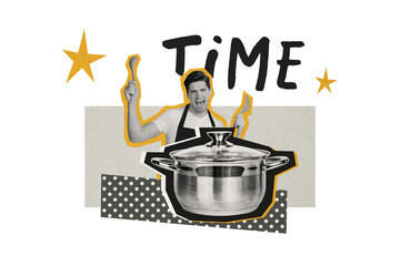 Composite trend artwork sketch image collage of miniature young guy houseworker emoji good mood cooking equipment huge boiling pot