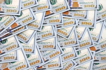 United States Dollar currency money bills. USD currency banknotes in stack with different...