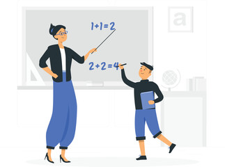 Teacher pointing at a blackboard with math equations while a student writes education classroom
