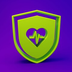 Green Life insurance with shield icon isolated on purple-blue background. Security, safety, protection, protect concept. Minimalism concept. 3D render illustration