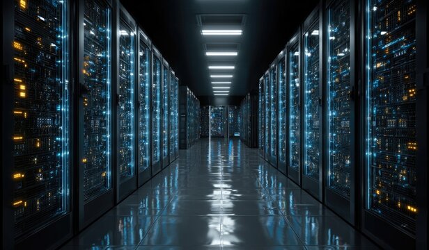 Dark server room, illuminated by glowing tech.  Rows of metal cabinets, reflecting light.  Empty walkway