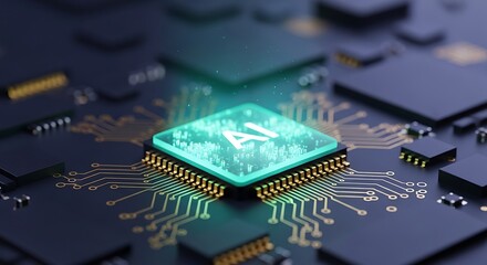 Central processing unit with the letters ai glowing on a circuit board, representing artificial intelligence and advanced technology in a futuristic digital concept