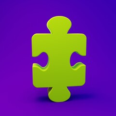 Obraz premium Green Puzzle pieces toy icon isolated on purple-blue background. Minimalism concept. 3D render illustration