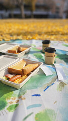 Autumn morning picnic at Shinjuku Central Park in Japan with coffee, sandwiches, toast, and hot dogs on golden ginkgo leaves like a yellow carpet