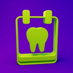 Green Calendar with tooth icon isolated on purple-blue background. International Dentist Day, March 6. March holiday calendar. Minimalism concept. 3D render illustration