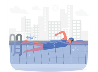 Person swimming laps in an outdoor swimming pool with city skyline background swimmer water