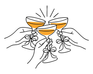 Minimalist vector illustration of hands holding champagne glasses with bows for a toast, elegant line art design with yellow drink for celebration, wedding, and party decor.